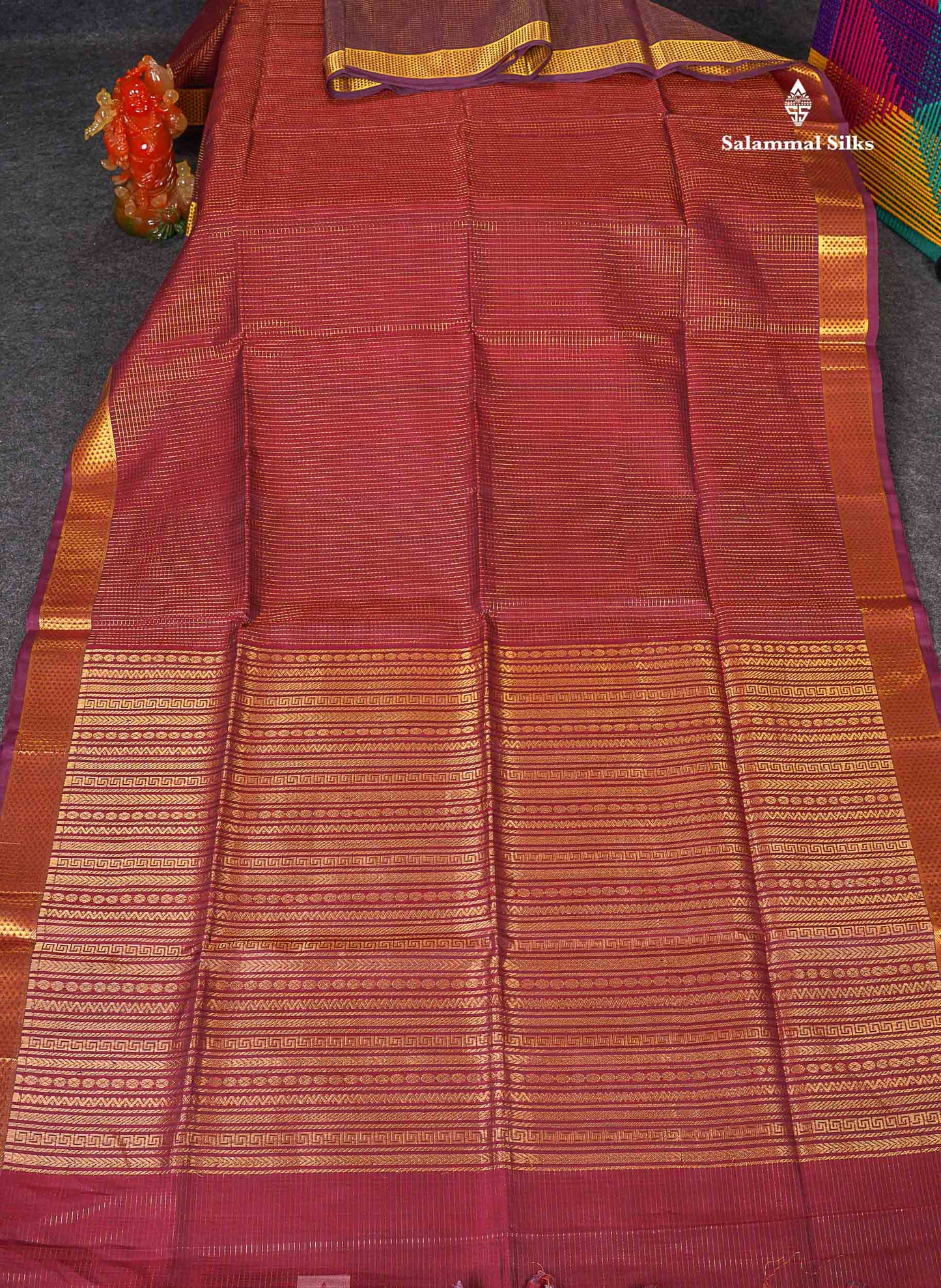 Pure Silk Cotton Saree - Maroon Colour Body Small Zari Checks With Traditional Border
