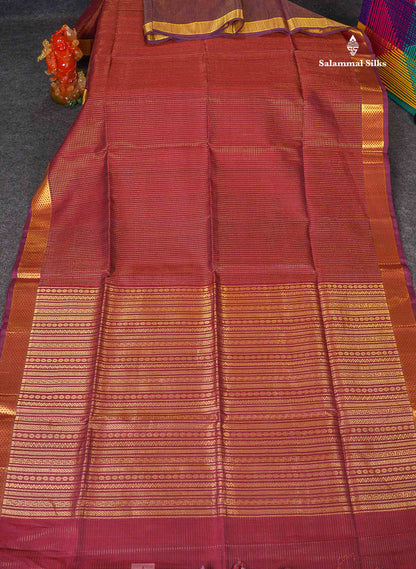 Pure Silk Cotton Saree - Maroon Colour Body Small Zari Checks With Traditional Border