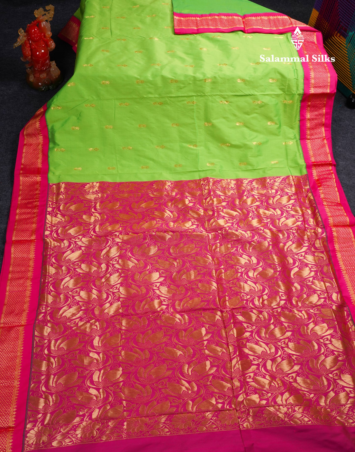 9.5 Yards Semi Silk Saree Parrot Green With Contrast Pink Traditional Border
