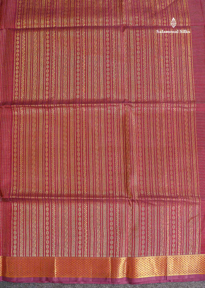 Pure Silk Cotton Saree - Maroon Colour Body Small Zari Checks With Traditional Border