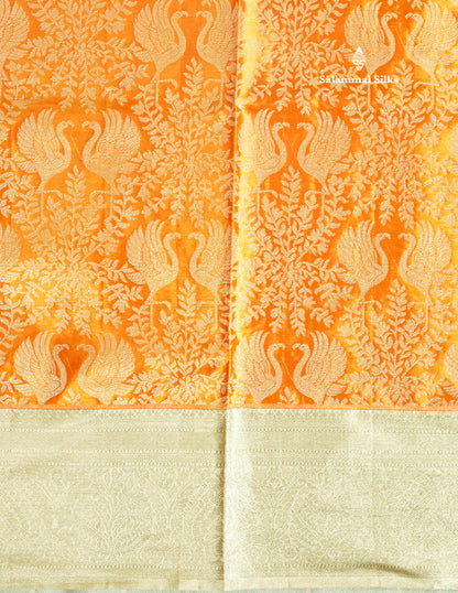 Orange Tissue Bridal Pure Kanjivaram Silk Saree With Contrast Silver Border