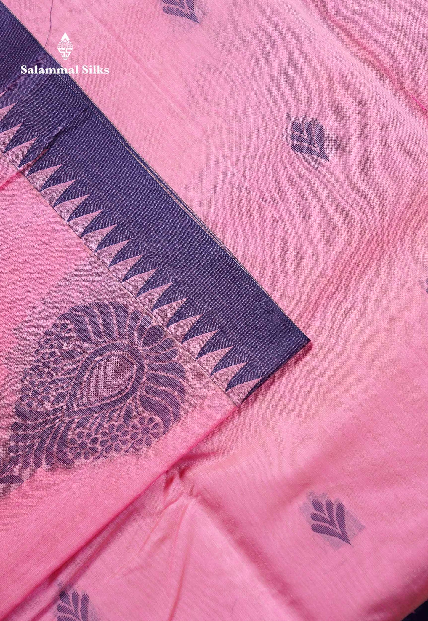 Beautiful Light Pink Thread Butta Kota Cotton Saree With Contrast Dual Tone Blue Traditional Temple Border