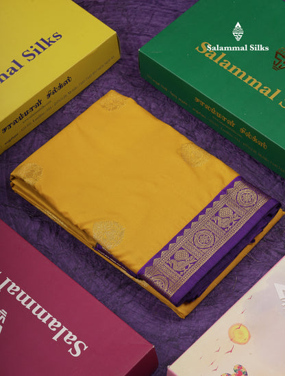 Beautiful Yellow Semi Silk Saree With Contrast Dark Purple Traditional Small Border