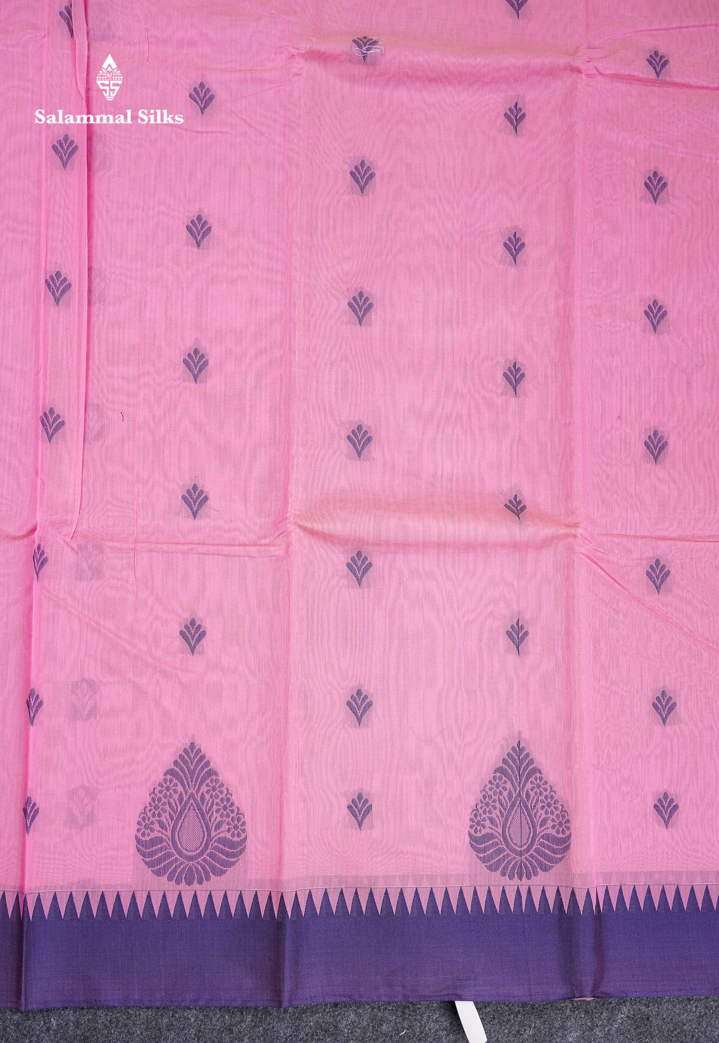 Beautiful Light Pink Thread Butta Kota Cotton Saree With Contrast Dual Tone Blue Traditional Temple Border