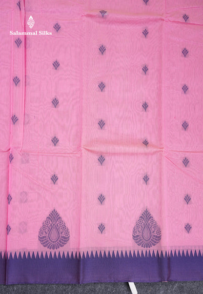 Beautiful Light Pink Thread Butta Kota Cotton Saree With Contrast Dual Tone Blue Traditional Temple Border