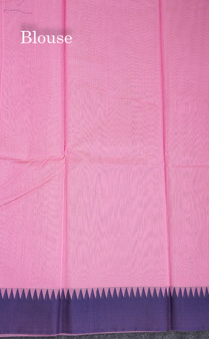 Beautiful Light Pink Thread Butta Kota Cotton Saree With Contrast Dual Tone Blue Traditional Temple Border