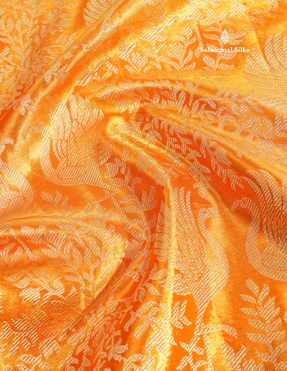Orange Tissue Bridal Pure Kanjivaram Silk Saree With Contrast Silver Border