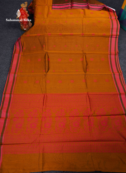 Beautiful Mustard Yellow Thread Butta Kota Cotton Saree With Contrast Peach Border