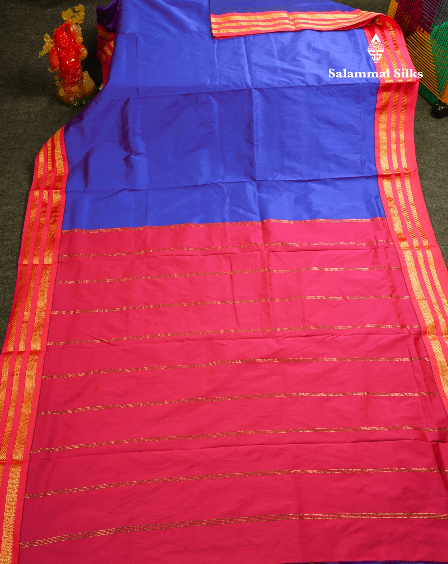 9.5 Yards Semi Silk Saree Peacock Green With Contrast Pink Traditional Border