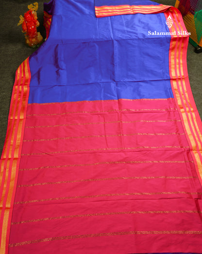 9.5 Yards Semi Silk Saree Peacock Green With Contrast Pink Traditional Border