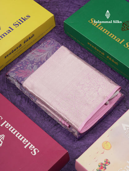 Beautiful Violet Fancy Pure Kanjivaram Silk Saree with Contrast Light Pink Traditional Evening Morning Border