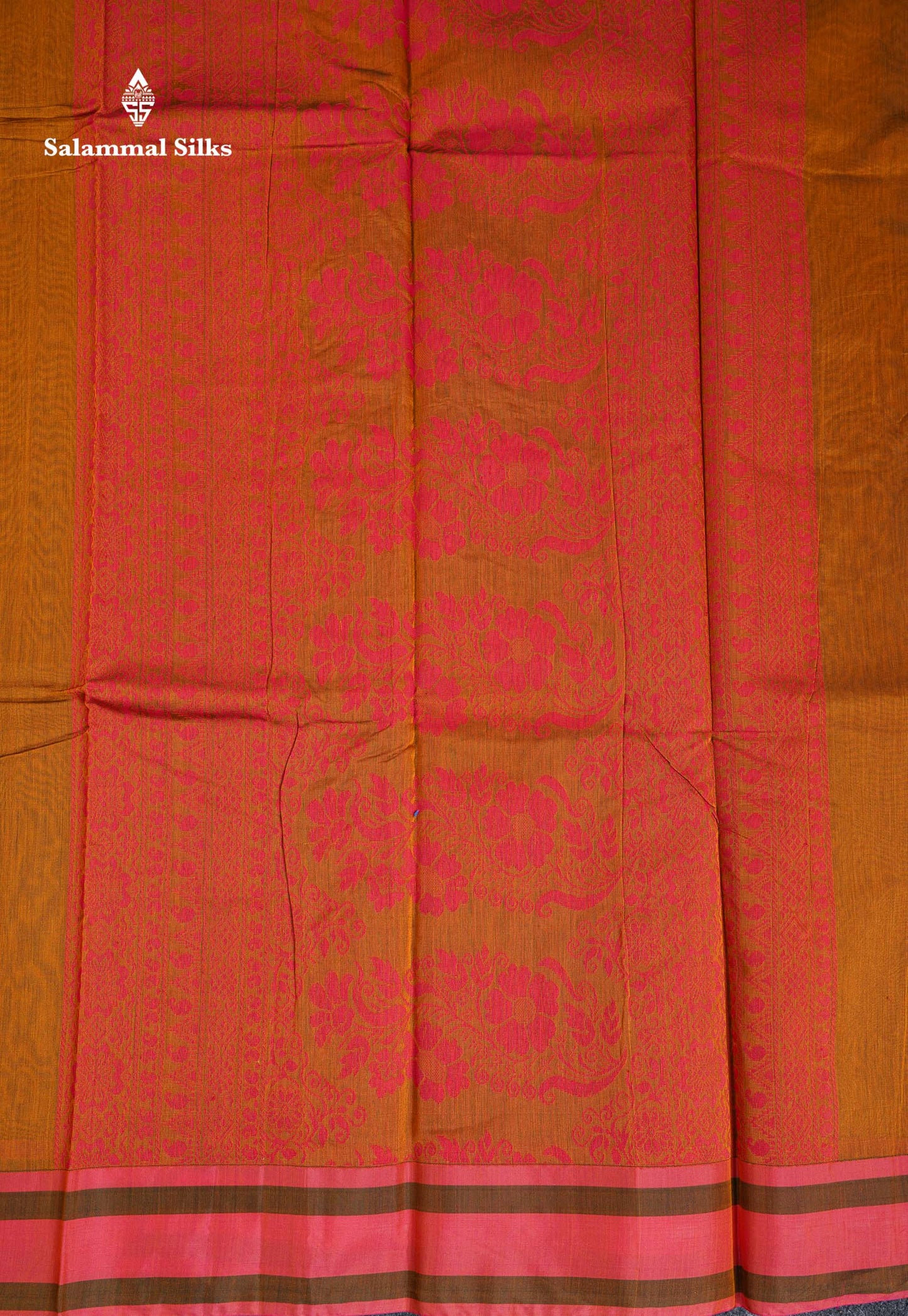 Beautiful Mustard Yellow Thread Butta Kota Cotton Saree With Contrast Peach Border