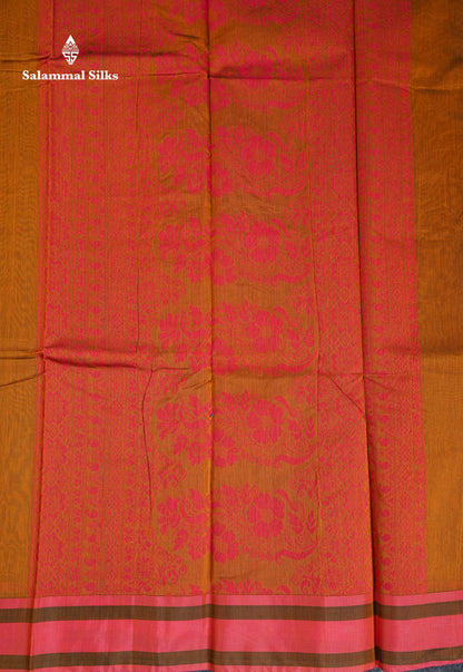 Beautiful Mustard Yellow Thread Butta Kota Cotton Saree With Contrast Peach Border