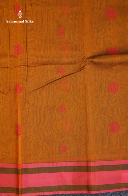 Beautiful Mustard Yellow Thread Butta Kota Cotton Saree With Contrast Peach Border