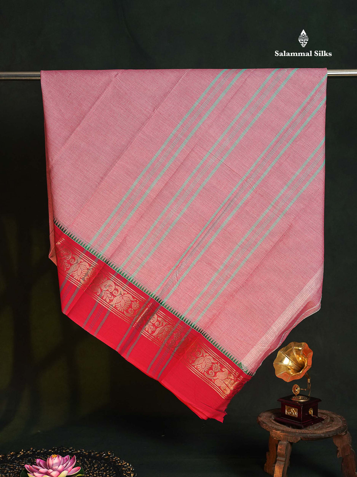 Chettinad Pure Cotton Saree - Baby Pink Colour Body Plain With Ganga Jamuna Border
