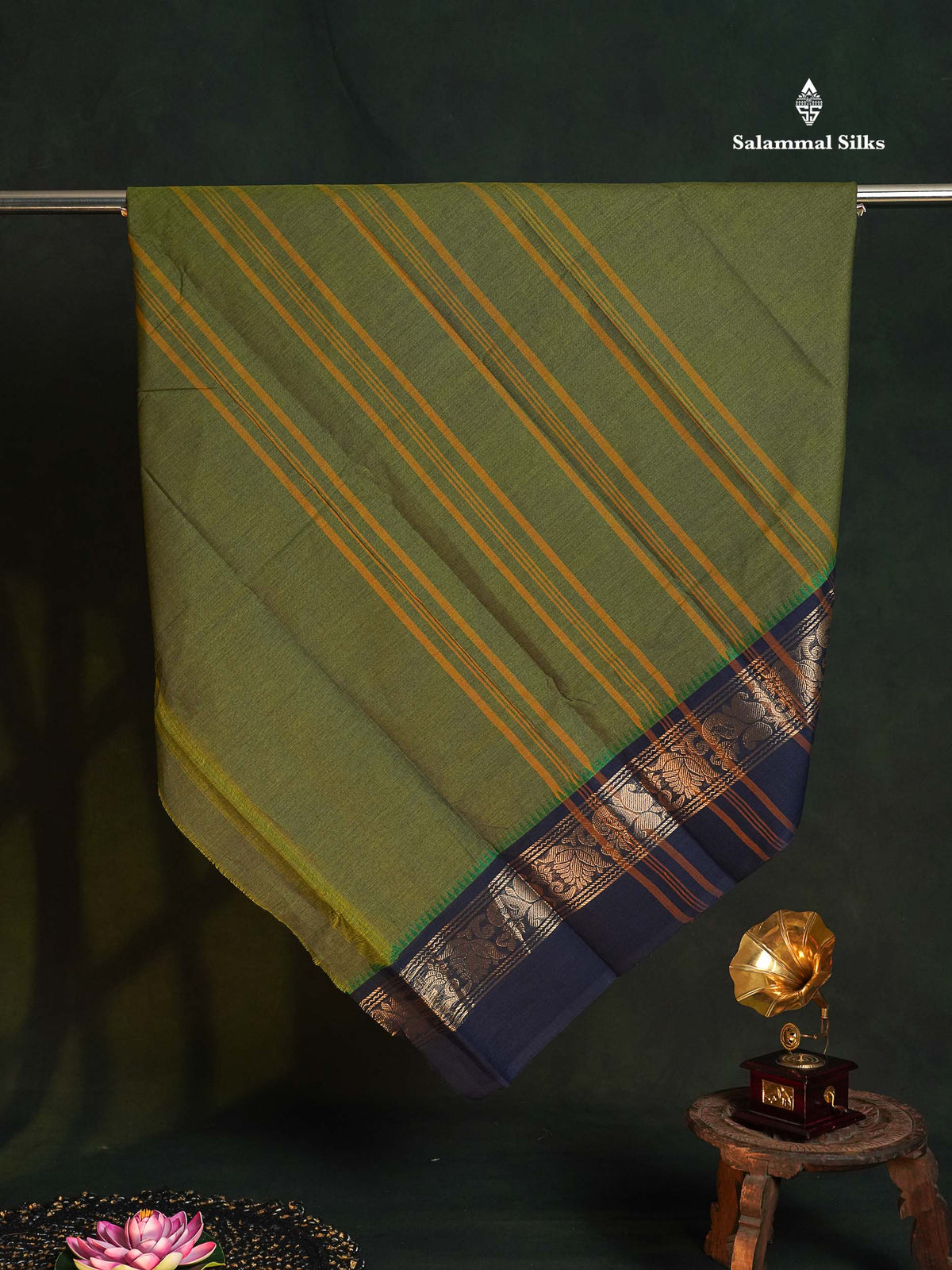 Chettinad Pure Cotton Saree - Olive Green Colour Body Plain With Ganga Jamuna Border
