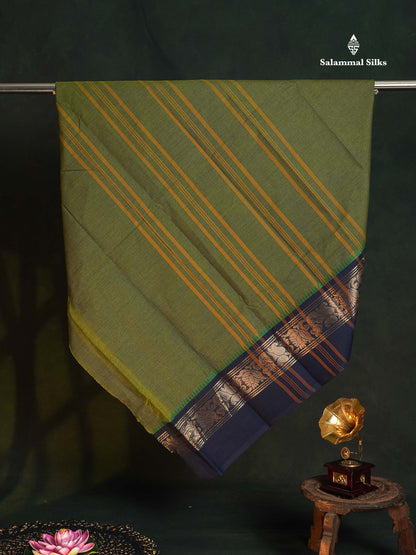 Chettinad Pure Cotton Saree - Olive Green Colour Body Plain With Ganga Jamuna Border