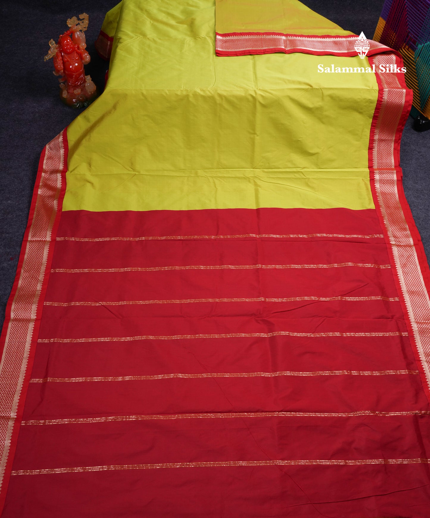 9.5 Yards Semi Silk Saree Parrot Green With Contrast Chilly Red Traditional Border