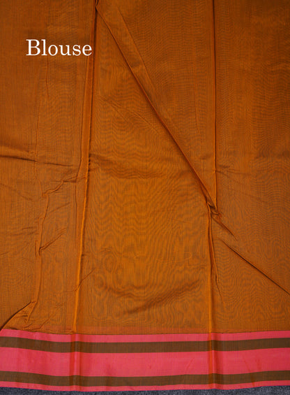 Beautiful Mustard Yellow Thread Butta Kota Cotton Saree With Contrast Peach Border