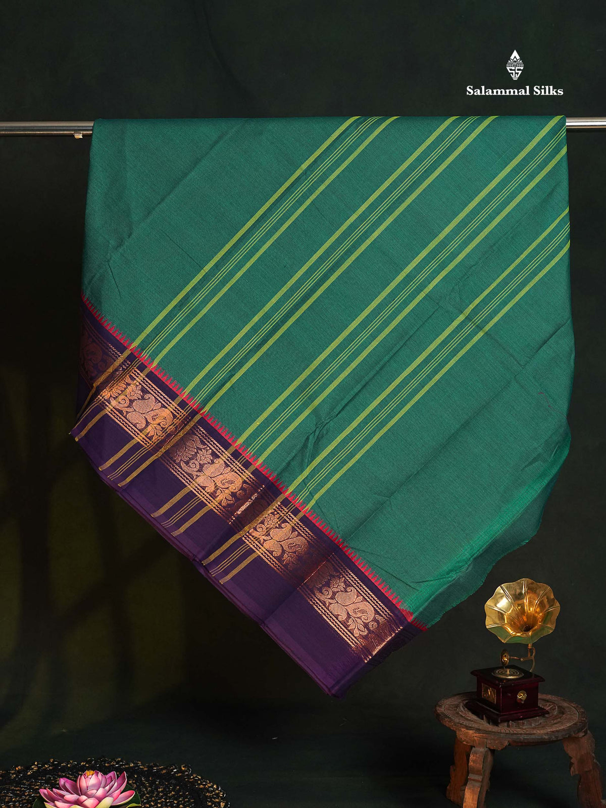 Chettinad Pure Cotton Saree - Teal Green Colour Body Plain With Ganga Jamuna Border