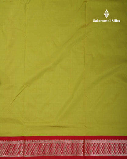 9.5 Yards Semi Silk Saree Parrot Green With Contrast Chilly Red Traditional Border