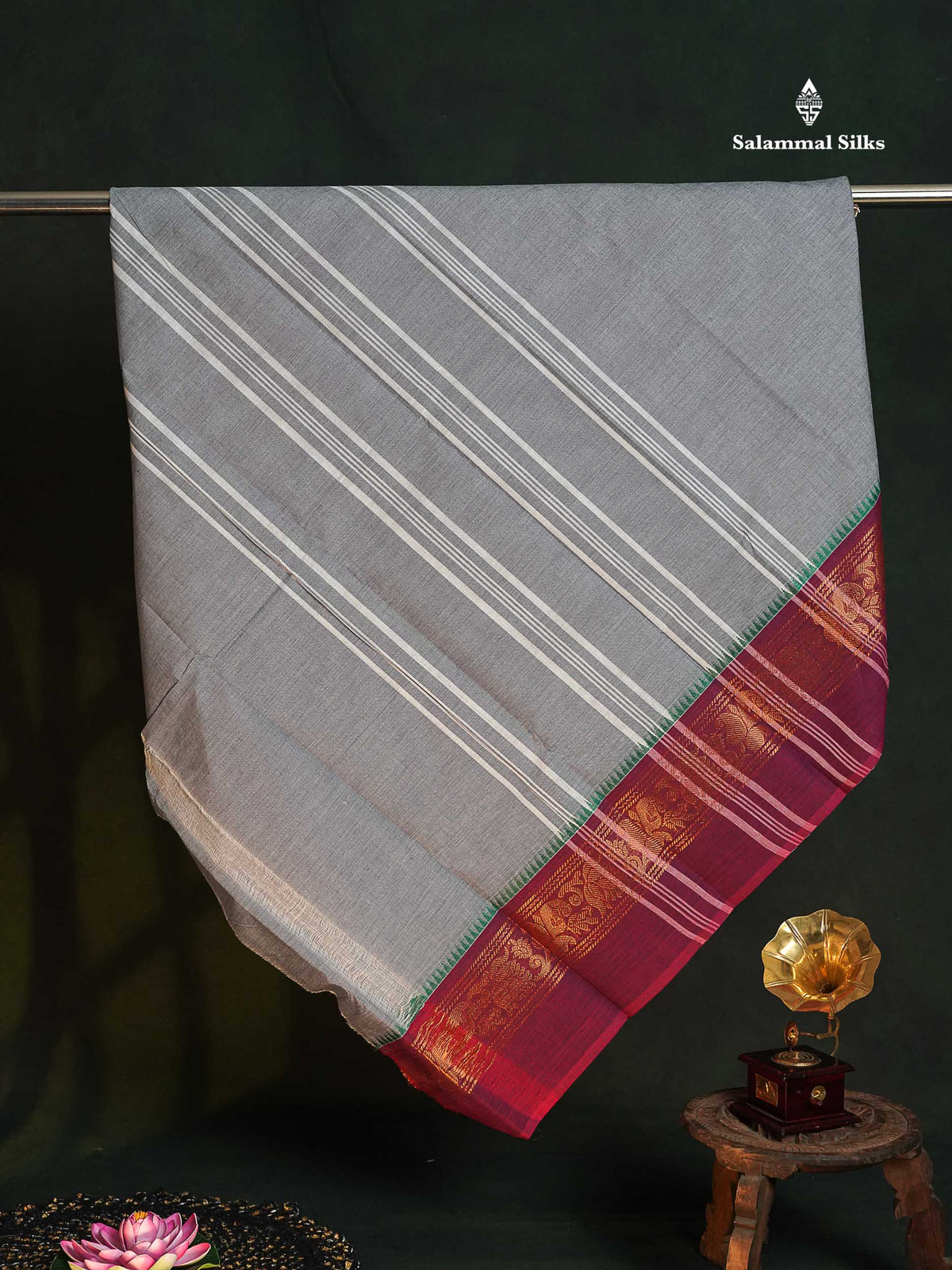 Chettinad Pure Cotton Saree - Light Grey Colour Body Plain With Ganga Jamuna Border