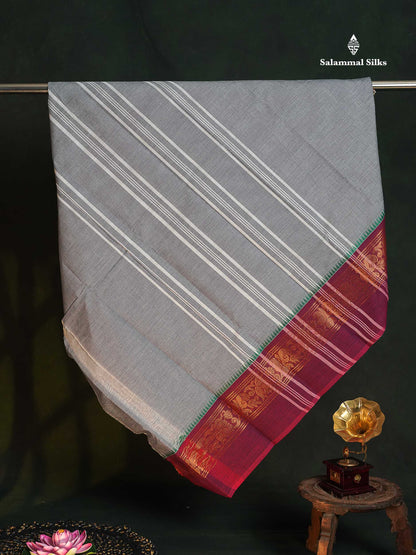 Chettinad Pure Cotton Saree - Light Grey Colour Body Plain With Ganga Jamuna Border