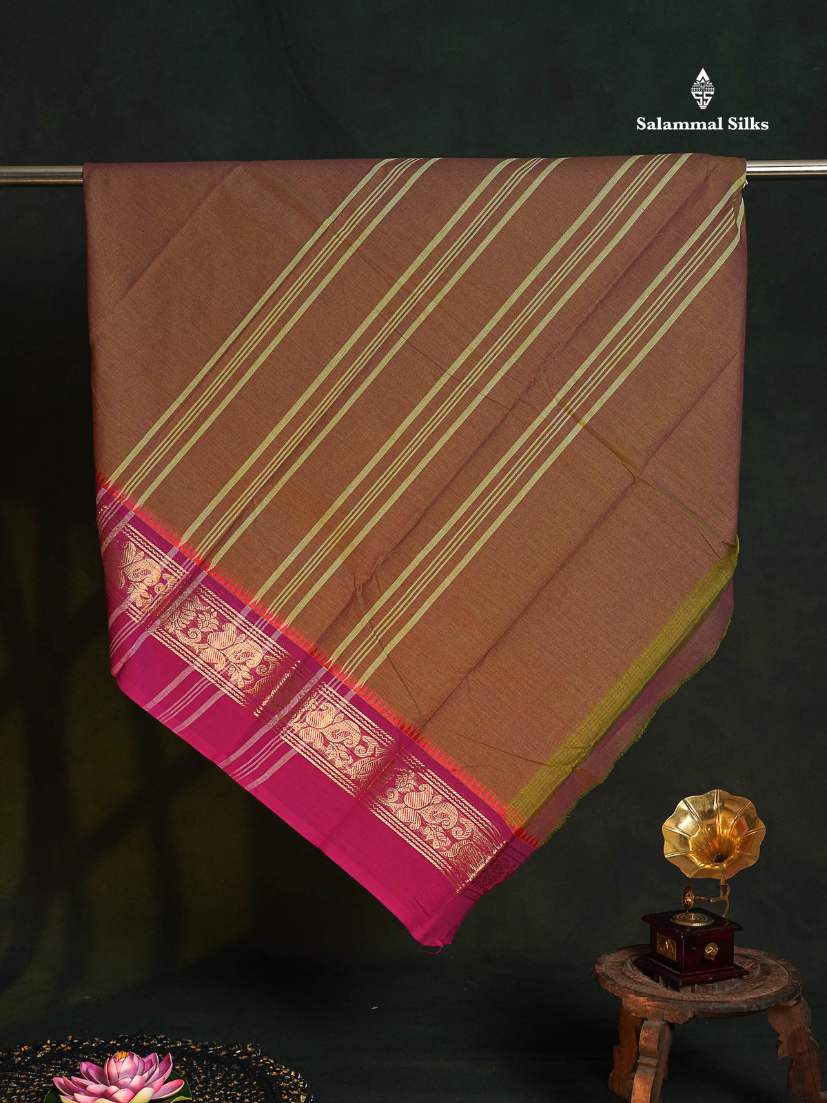 Chettinad Pure Cotton Saree - Dual Tone Brown Colour Body Plain With Ganga Jamuna Border