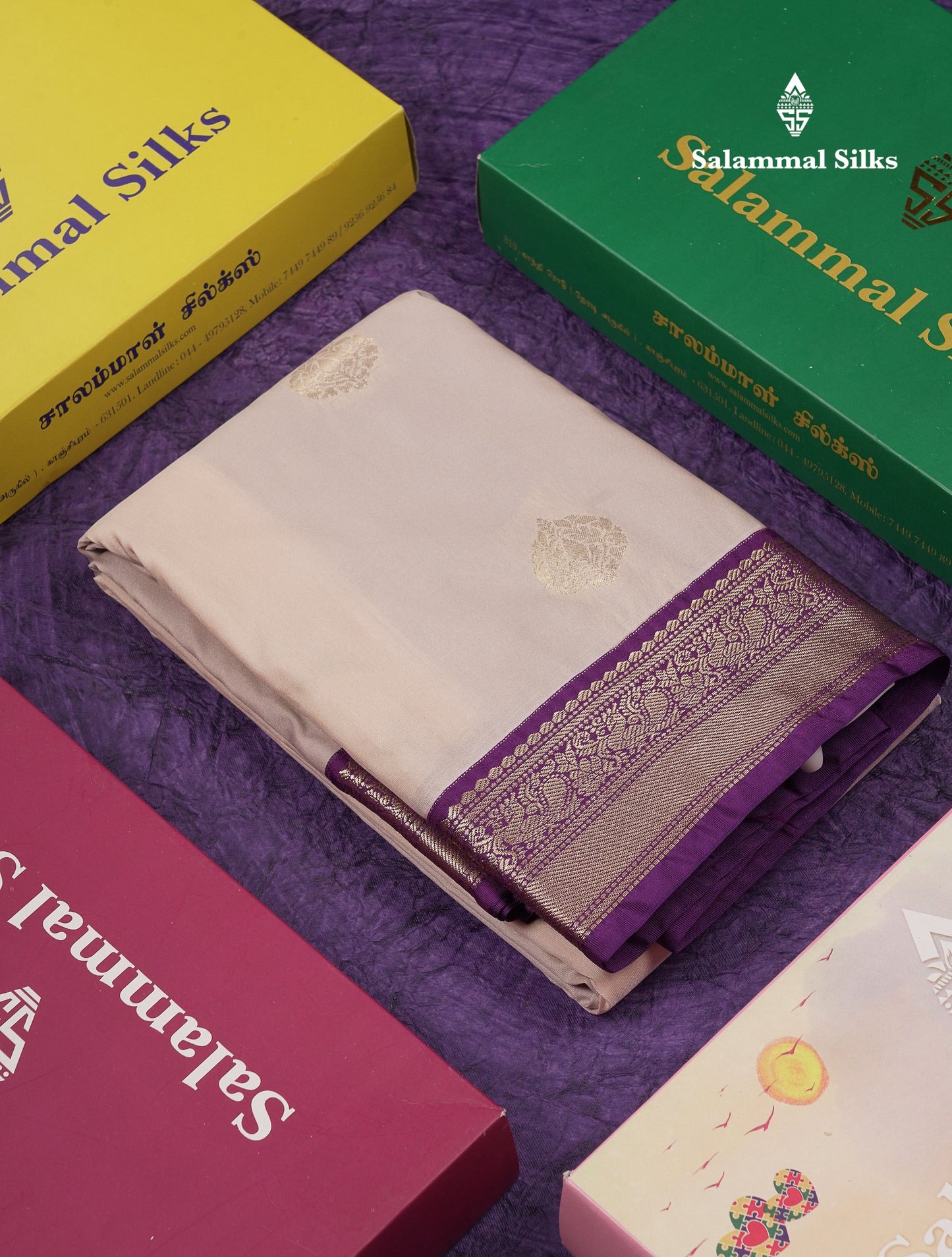 Beautiful Cream Sandal Semi Silk Saree With Contrast Dark Purple Traditional Medium Border