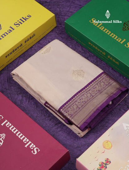 Beautiful Cream Sandal Semi Silk Saree With Contrast Dark Purple Traditional Medium Border