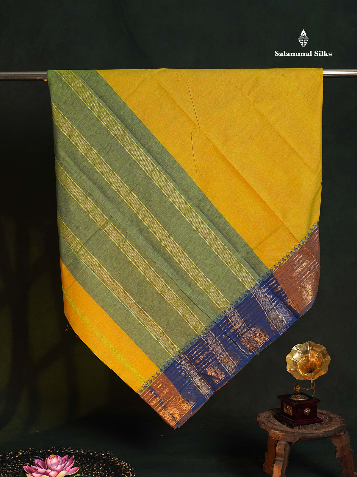Chettinad Pure Cotton Saree - Lemon Yellow Colour Body Plain With Ganga Jamuna Border