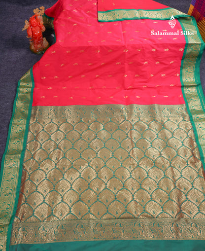 9.5 Yards Semi Silk Saree Redish Pink With Contrast Green Traditional Border