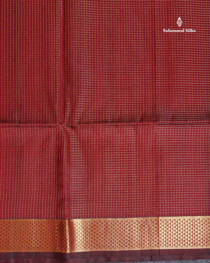 Pure Silk Cotton Saree - Maroon Colour Body Small Zari Checks With Traditional Border
