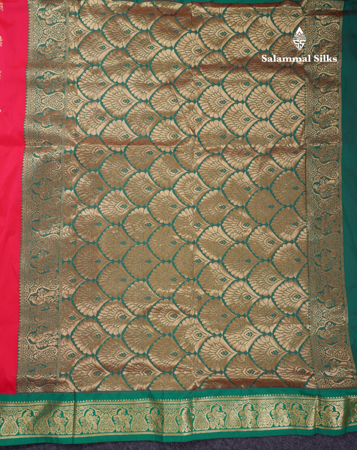 9.5 Yards Semi Silk Saree Redish Pink With Contrast Green Traditional Border