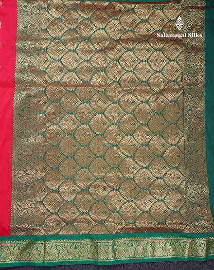 9.5 Yards Semi Silk Saree Redish Pink With Contrast Green Traditional Border