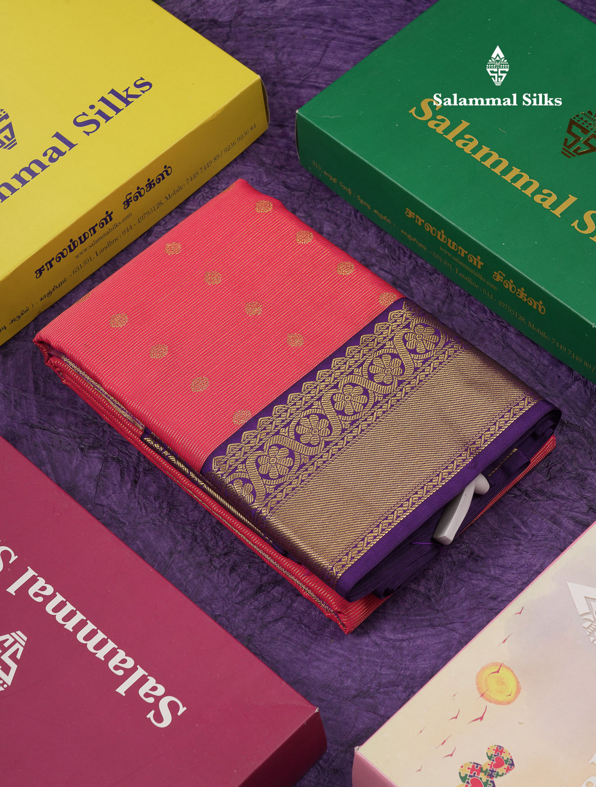 Beautiful Dual Tone Pink Vaira Oosi Lines With Butta Semi Silk Saree With Contrast Violet Traditional Border