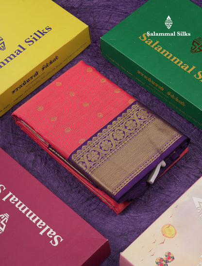Beautiful Dual Tone Pink Vaira Oosi Lines With Butta Semi Silk Saree With Contrast Violet Traditional Border