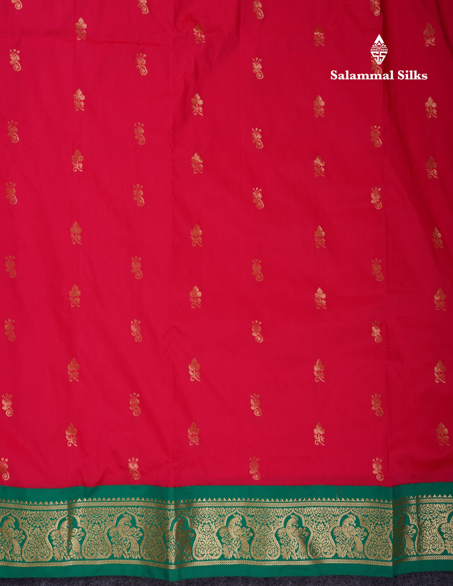 9.5 Yards Semi Silk Saree Redish Pink With Contrast Green Traditional Border