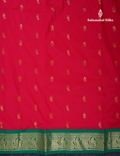 9.5 Yards Semi Silk Saree Redish Pink With Contrast Green Traditional Border