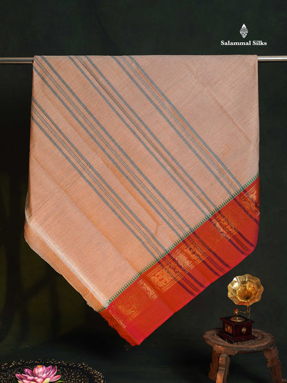 Chettinad Pure Cotton Saree - Peach Colour Body Plain With Ganga Jamuna Border