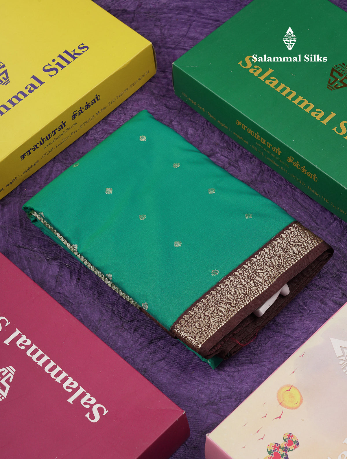 Beautiful Dual Tone Sapphire Green Semi Silk Saree With Contrast Brown Small Traditional Border