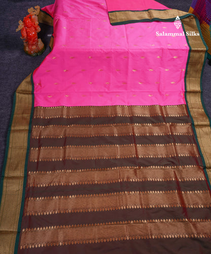 9.5 Yards Semi Silk Saree Pink With Contrast Bottle Green Traditional Border
