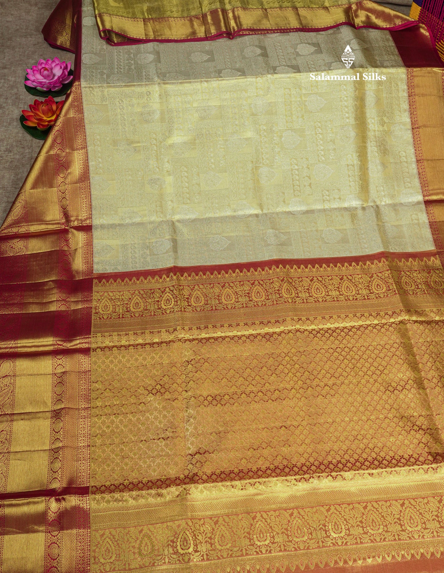 Gold Tissue Bridal Pure Kanjivaram Silk Saree With Contrast Maroon Traditional  Border