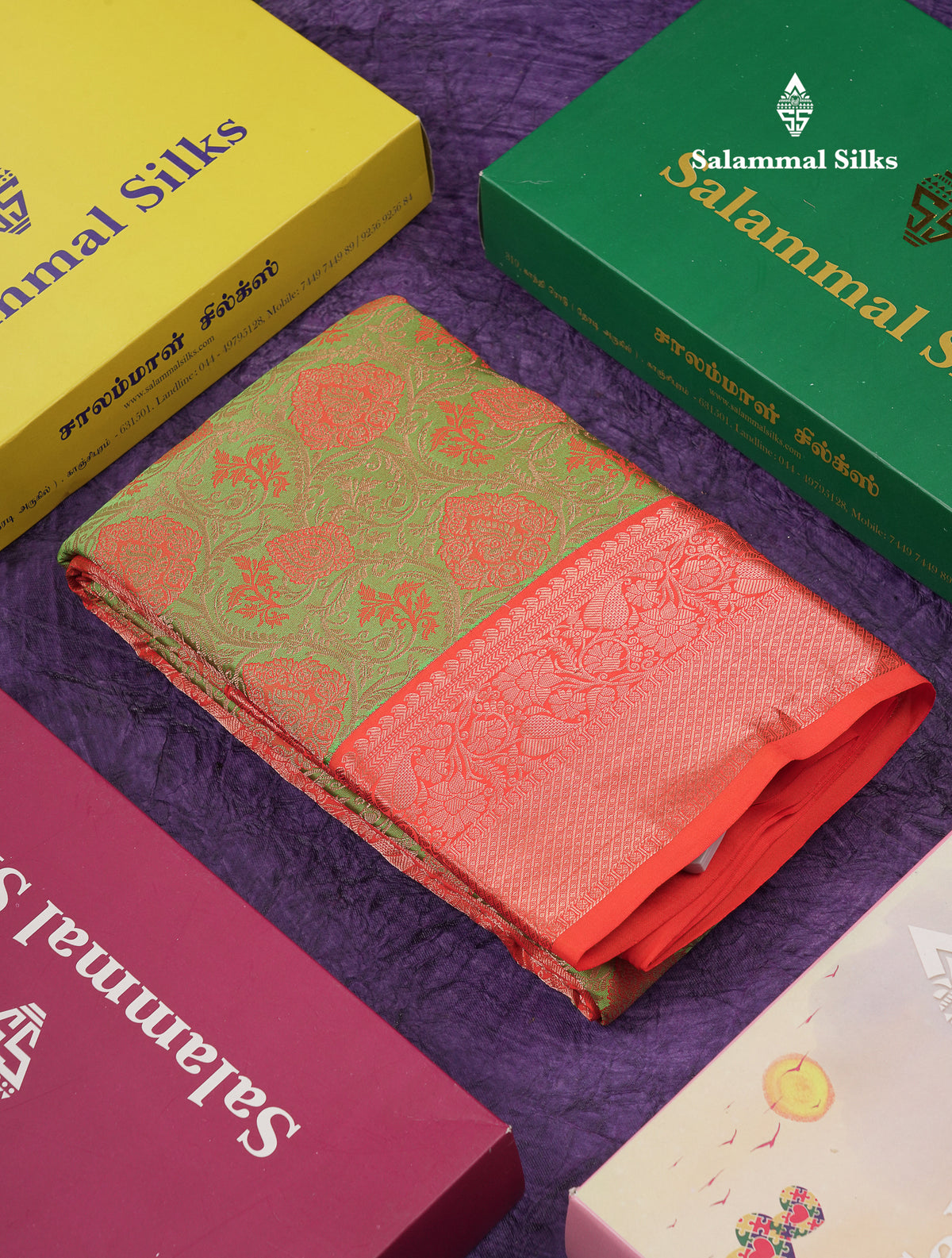 Beautiful Dual Tone Green Bridal Pure Kanjivaram Silk Saree With Contrast Redish Orange Traditional Border