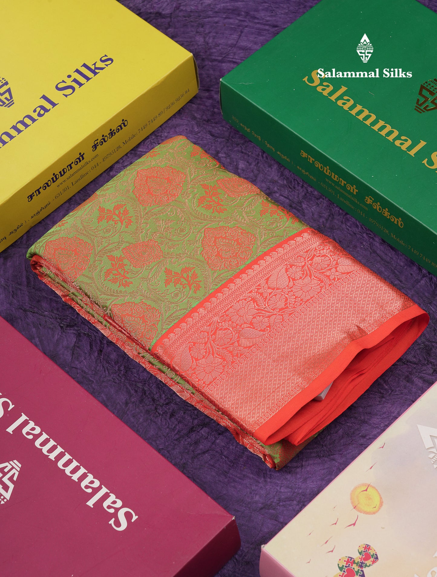 Beautiful Dual Tone Green Bridal Pure Kanjivaram Silk Saree With Contrast Redish Orange Traditional Border