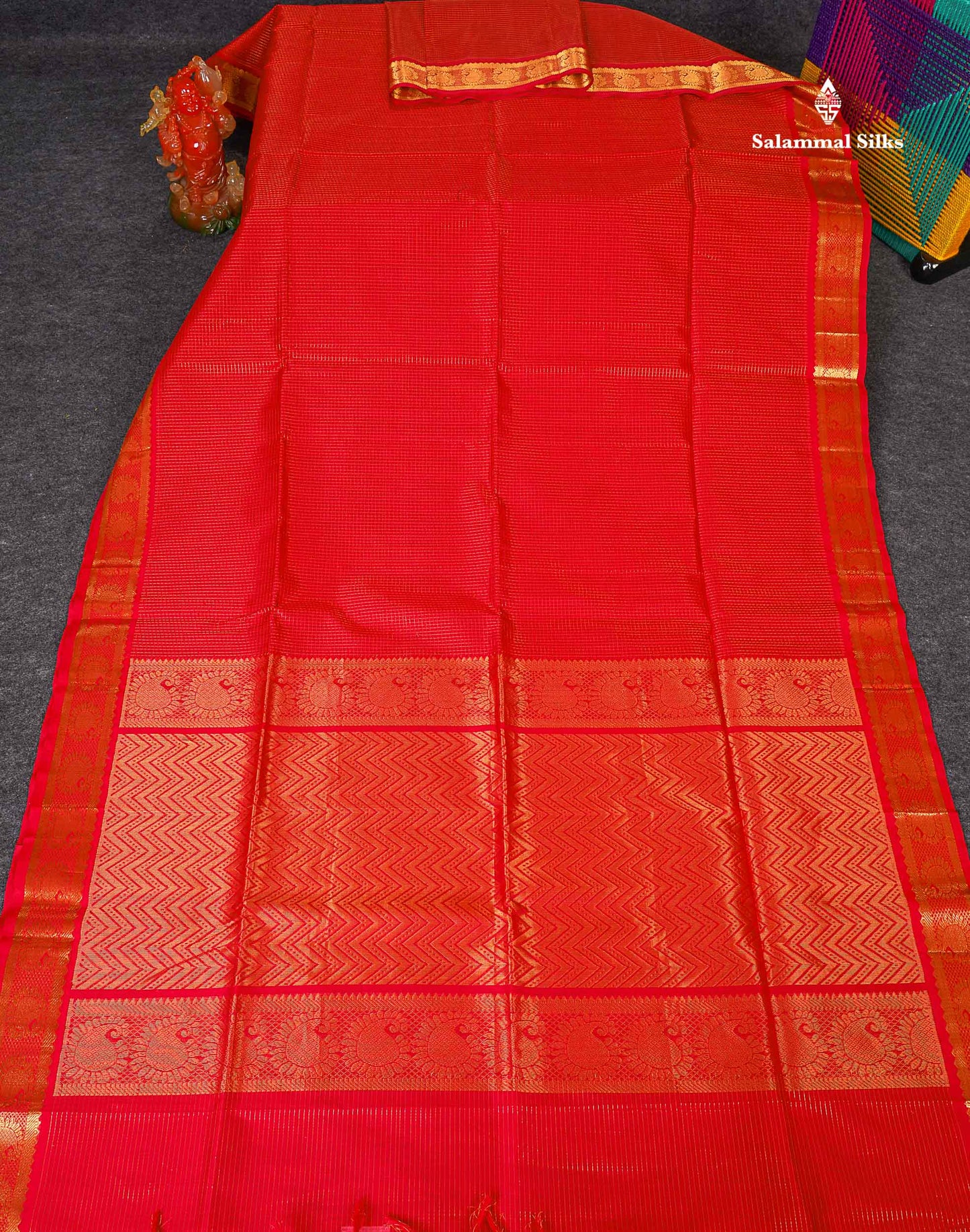 Pure Silk Cotton Saree - Chilly Red Colour Body Small Zari Checks With Traditional Border