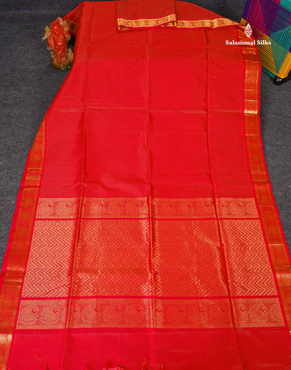 Pure Silk Cotton Saree - Chilly Red Colour Body Small Zari Checks With Traditional Border