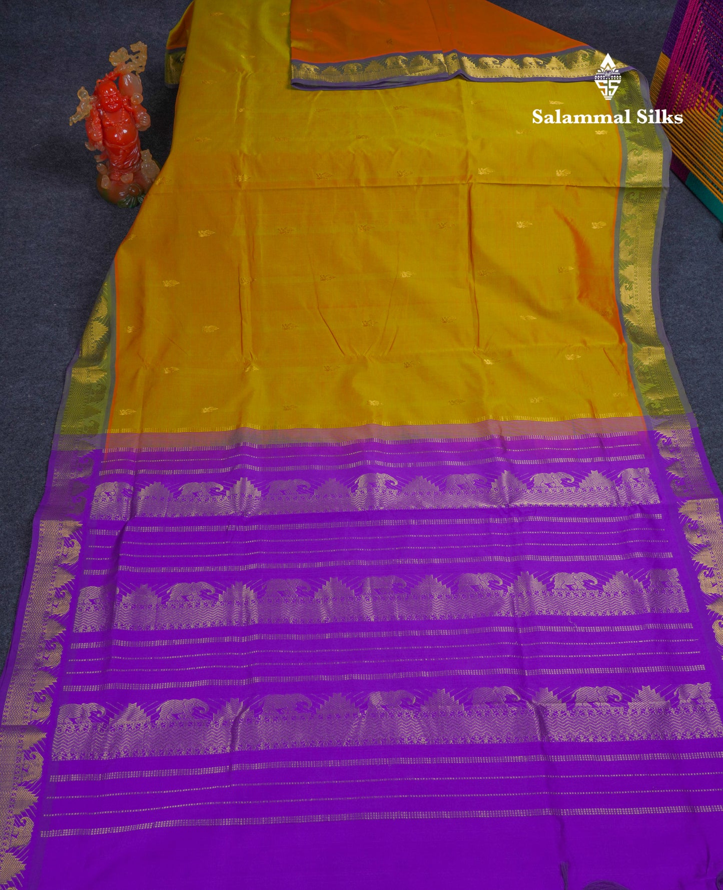 Beautiful Manthulir Yellow Semi Silk Cotton Saree With Contrast Purple Traditional Border