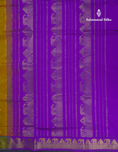 Beautiful Manthulir Yellow Semi Silk Cotton Saree With Contrast Purple Traditional Border