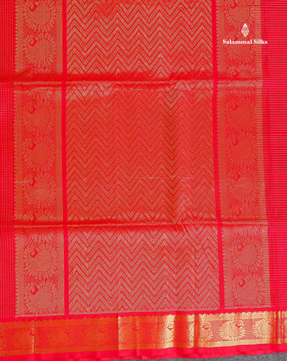 Pure Silk Cotton Saree - Chilly Red Colour Body Small Zari Checks With Traditional Border